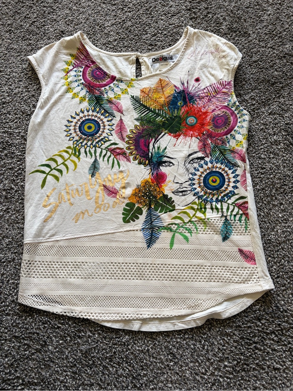 Desigual White Short Sleeve Tee with Multicolor Floral Face Print